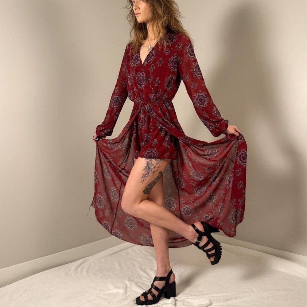 Rue21 Burgundy Floral Long-Sleeve High-Low Dress